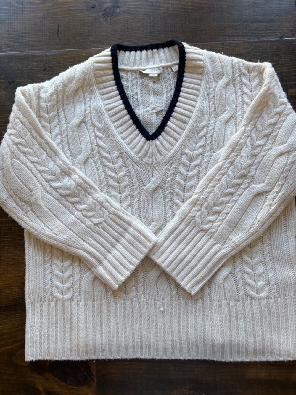 Vince Cream Cable Knit V-Neck Sweater with Black Trim S